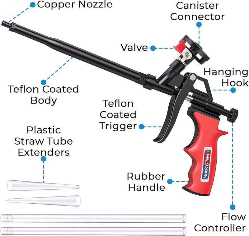 Magic Chems Spray Foam Gun Insulation (1 Insulation Foam Gun / 4 Nozzle) Insulating Applicator, Professional Expanding Foams Guns, for Dispensing, Caulking, Filling, Sealing, Red - 1 Pack - Image 2